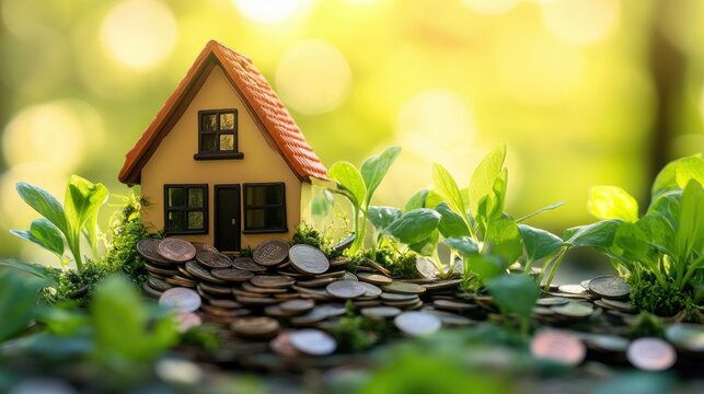 A miniature home on a coin pile encircled by lush green plants, highlighting sustainability in housing solutions