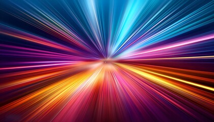 A dynamic, vibrant display of multicolored light beams creating a burst effect. This image conveys energy, speed, and movement. An abstract colorful texture with blurred streaks and motion effects