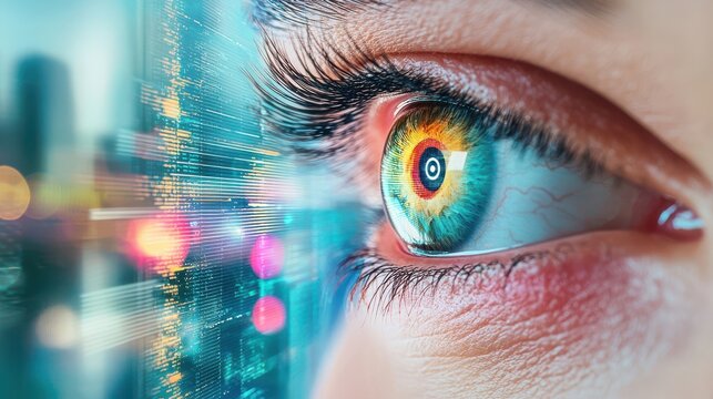 A close-up of a vibrant human eye with colorful reflections and digital elements in the background.
