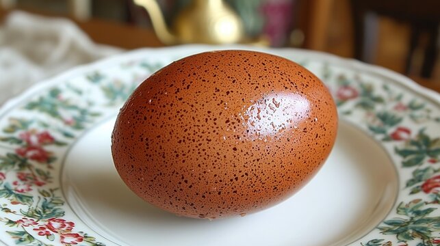 A Single Marans Egg on a Decorative Plate