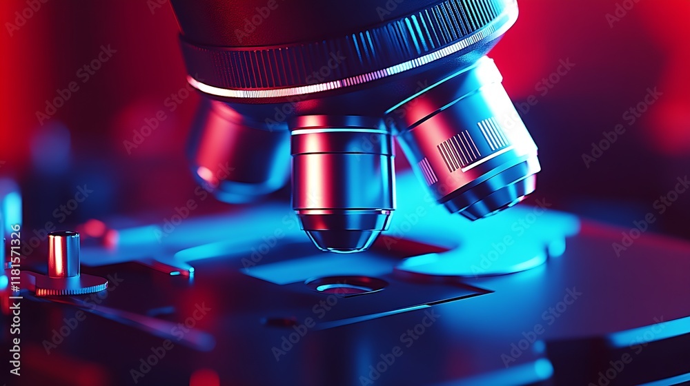 Poster closeup of microscope objectives with red and blue highlights for scientific research and discovery 
