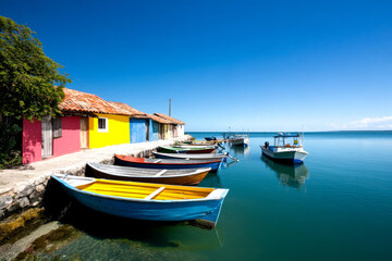 Fototapeta premium Colorful boats line a tranquil waterfront, framed by vibrant buildings under a clear blue sky, creating a serene coastal scene.