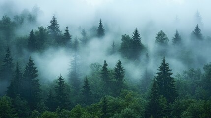 Fototapeta premium A misty forest with visible layers of flora and fauna, highlighting the complexity of ecosystems