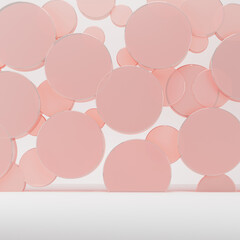 White abstract stage mockup for presentation cosmetic, goods, advertising, design with flying pink plastic circles. Template 3D illustration scene - circles texture in gentle, airy, fashion,  style.