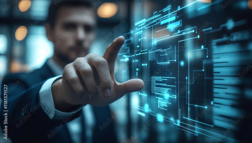 Poster futuristic digital interface with businessman interacting in modern office environment : generative 