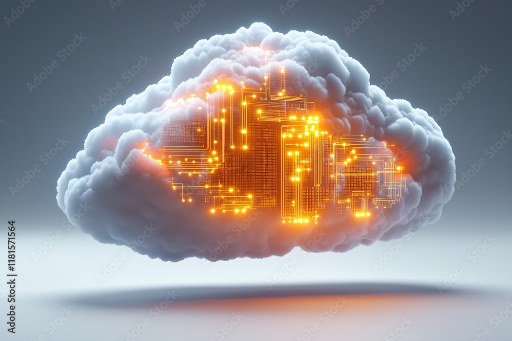Poster Cloud Computing Concept Featuring Digital Cloud with Glowing Circuitry : Generative AI