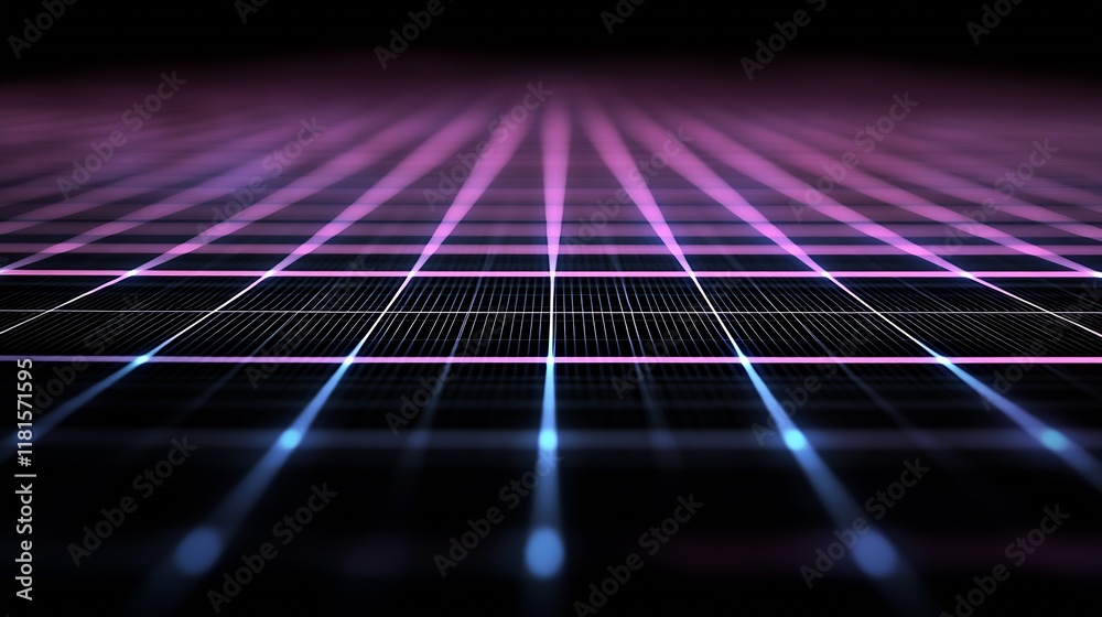 Poster futuristic neon grid with pink and blue glowing lights in an abstract digital space : generative ai