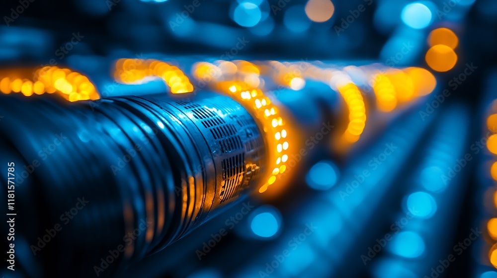 Aufkleber orange and blue led cylindrical light network in a futuristic technology setup : generative ai