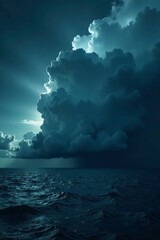 Dark stormy sky with dramatic black cloud looming over vast ocean, turbulent sea, dark clouds