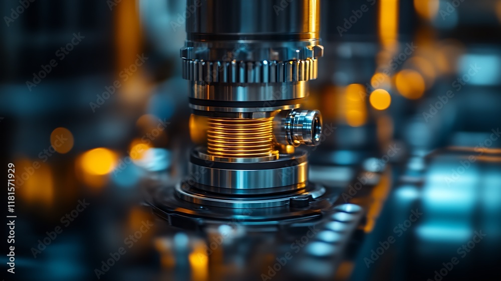 Poster Close-Up of Industrial Machine with Gears and Lights in Modern Factory Environment : Generative AI