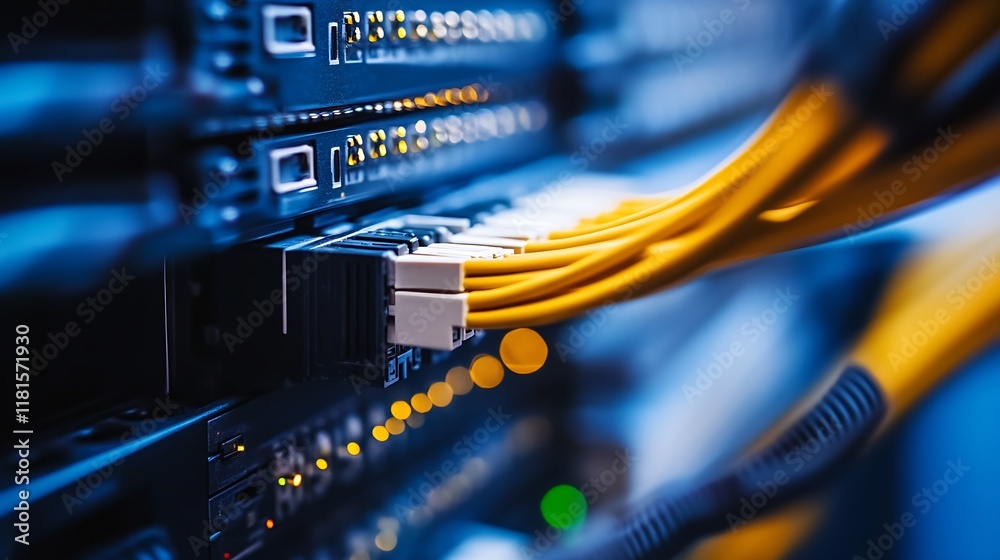 Fototapete high-speed network data center close-up with connected cables and routers : generative ai