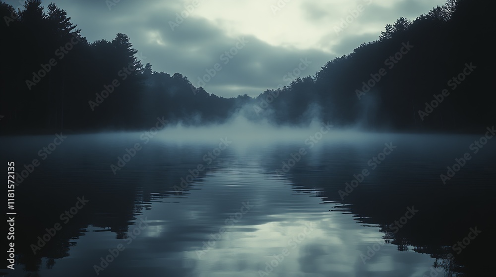 Aufkleber Serene lakeside landscape with mist and reflections creating a tranquil atmospheric setting : Generative AI