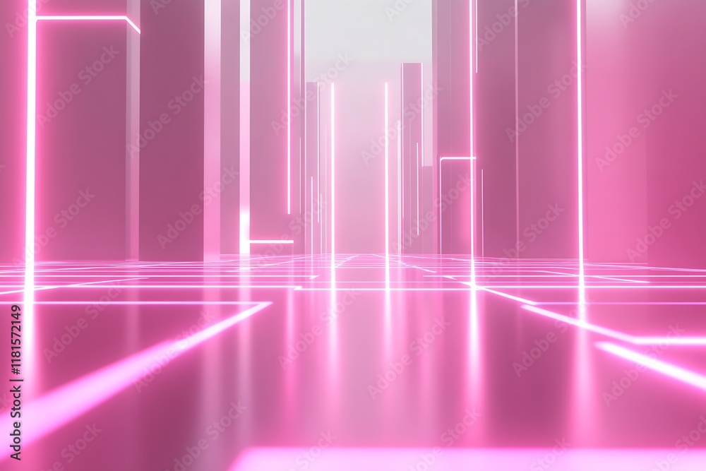 Poster vibrant pink neon cyberpunk cityscape with futuristic architectural structures and reflections : gen