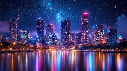 Obraz premium A modern city skyline under a starry night, with shimmering water mirroring the vibrant lights of the buildings