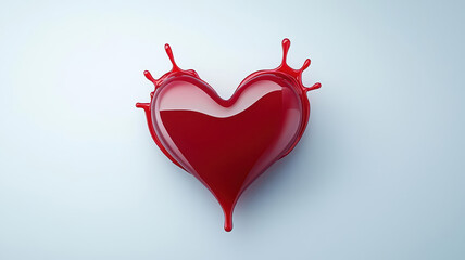 Abstract 3D heart made from smooth red liquid splashes frozen in time, symbol of passion, love, and dynamic energy, clean surreal background