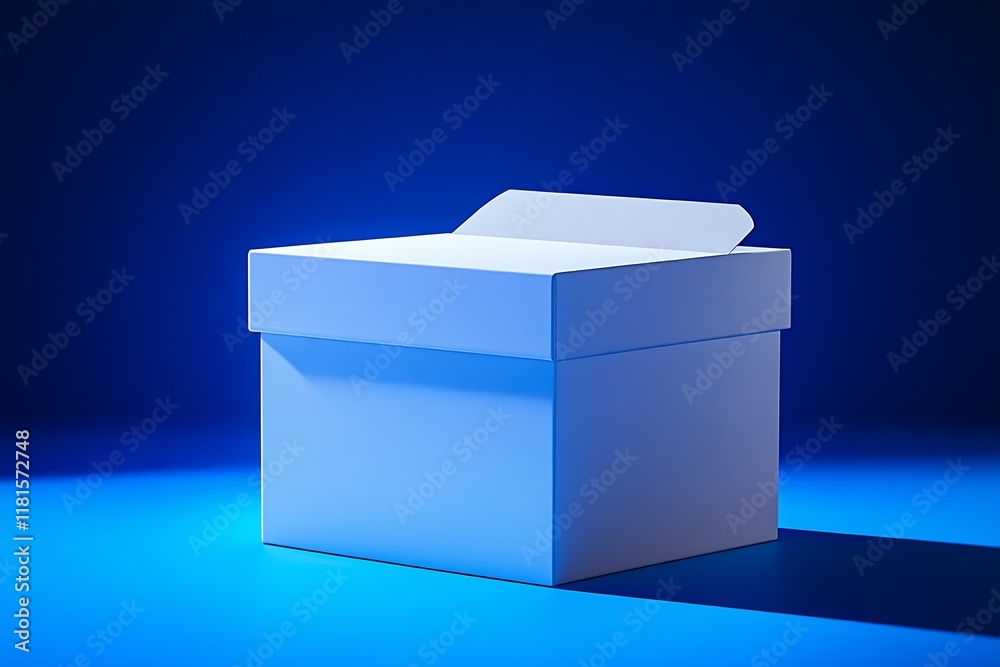 Poster minimalist white box on deep blue background with high contrast lighting : generative ai