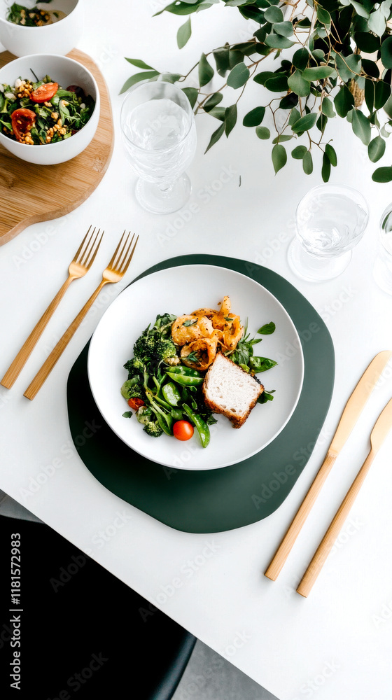 Wall mural A beautifully arranged plate featuring grilled chicken, mixed vegetables, and a side of pasta, set on a stylish table with elegant cutlery and greenery.