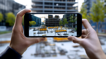 A person captures a construction site on their smartphone, showcasing cranes and building materials amid a modern urban landscape.