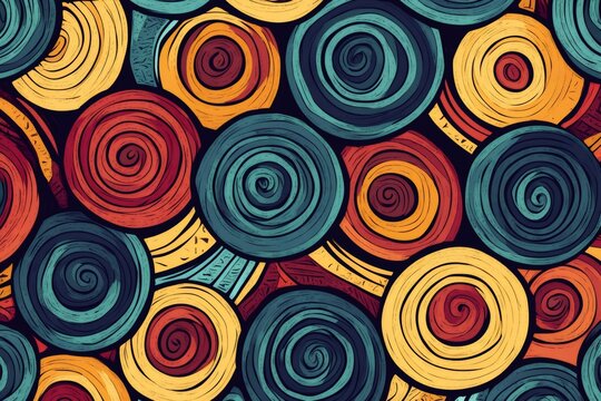 Seamless pattern inspired by african culture, featuring colorful concentric circles with spiral motifs, creating a visually appealing and vibrant design