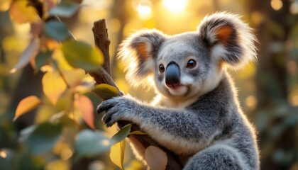 Fototapeta premium Adorable Koala Bear in its Natural Habitat: Golden Hour Wildlife Photography