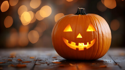 Fototapeta premium Glowing Pumpkin Decorates with Autumn Leaves and Lights