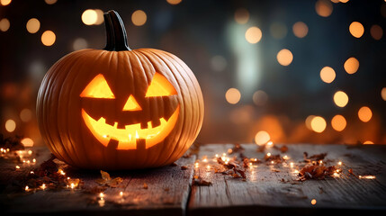 Glowing Pumpkin Illuminates Autumn Night with Festive Lights and Leaves