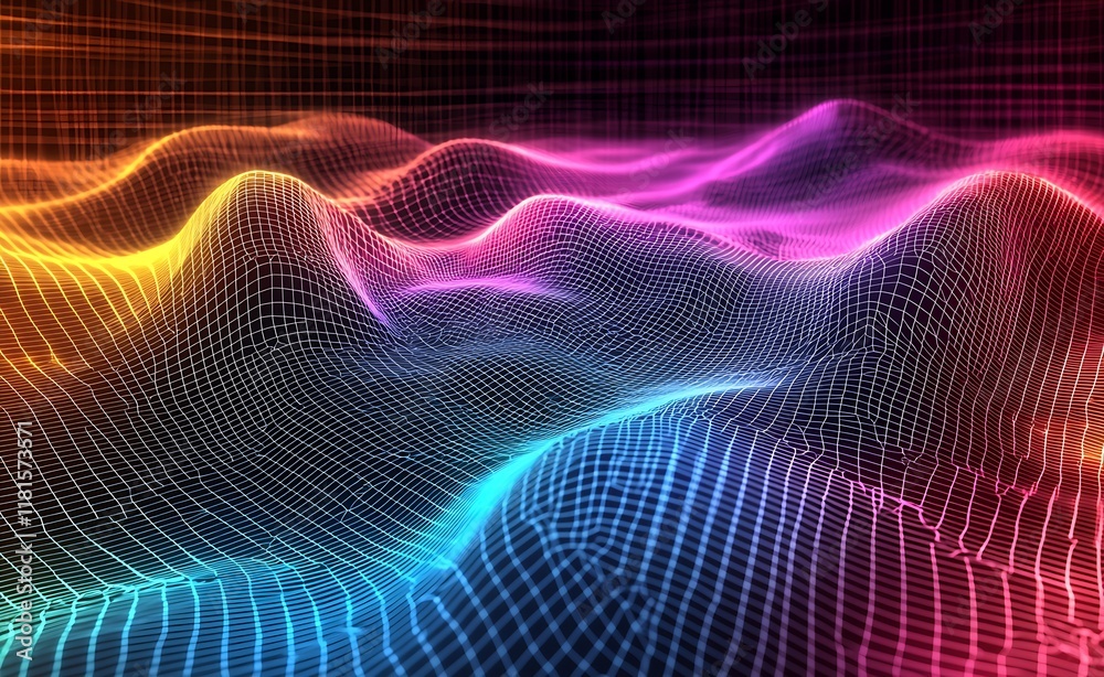 Leinwandbilder dynamic 3d waveform illustration with colorful neon geometric mesh design : generative ai