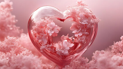 Fototapeta premium Pink Flowers Bloom Inside Glass Heart on Fluffy Clouds Beautifully