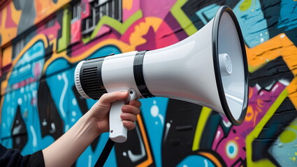 Close-Up of a Hand Holding a Megaphone Against a Vibrant Graffiti Wall