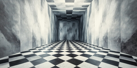 Abstract checkered room with surreal perspective and grayscale tones