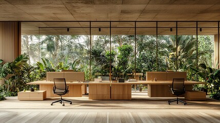 Modern office with large windows overlooking lush tropical garden.