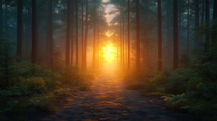 Fototapeta premium Sunlit Forest Path at Sunset with Fog