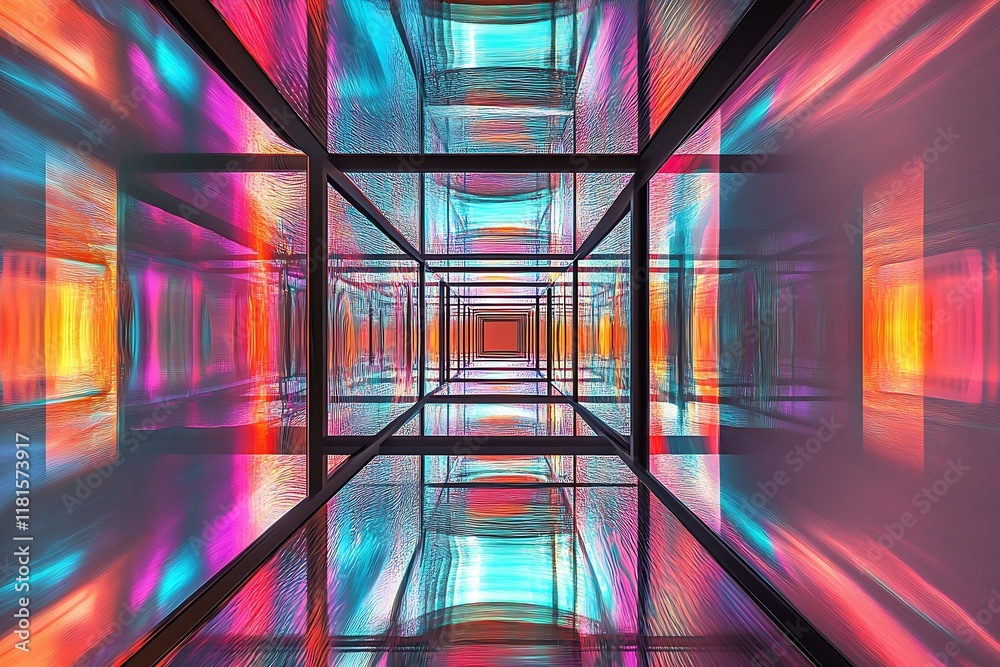 Poster Infinite Geometric Neon Tunnel with Dazzling Reflections and Vibrant Color Spectrum : Generative AI