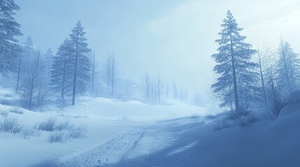 Misty Winter Landscape with Snow Covered Path, Coniferous Trees, and Gentle Hills in Pale Blue Tones.