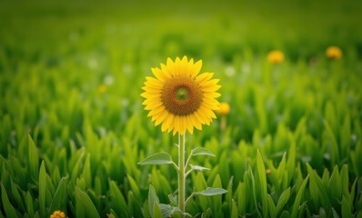 Bright sunflower standing tall in green field