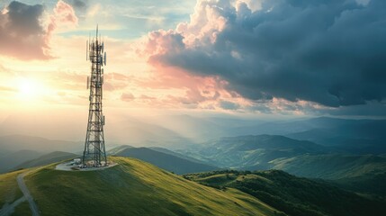 Obraz premium A modern telecom tower surrounded by rolling hills and dramatic clouds, with sunlight highlighting its sleek design
