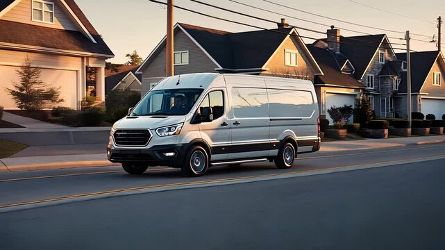 White Cargo Van Driving Through Suburban Neighborhood Street with Houses and Utility Poles at Sunset

