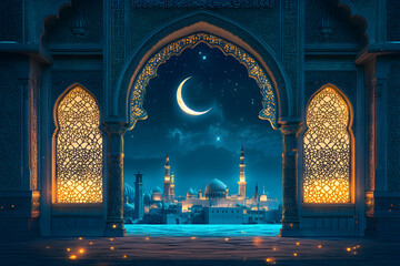 Beautiful Islamic Mosque View Through Ornate Arch with Crescent Moon and Starry Night Sky, Glowing Windows, and Serenity in an Enchanting Arabian Cityscape