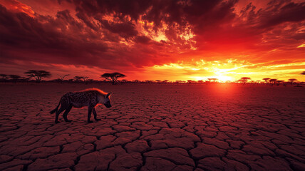 Naklejka premium 赤い夕空の下、乾いたサバンナを歩くハイエナとアカシアの木