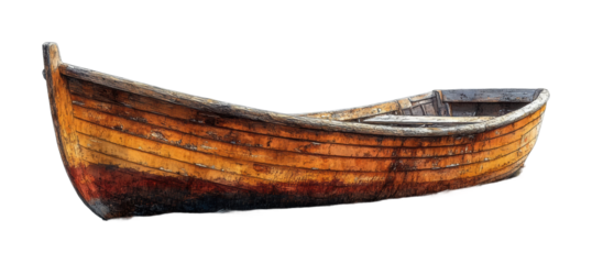 Weathered wooden fishing boat with a rustic texture, perfect for nautical designs, maritime themes, or vintage visuals isolated on transparent background.
