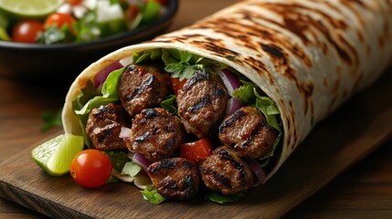 Savory grilled kebab wrap filled with fresh vegetables and herbs served on a wooden board in a cozy dining setting