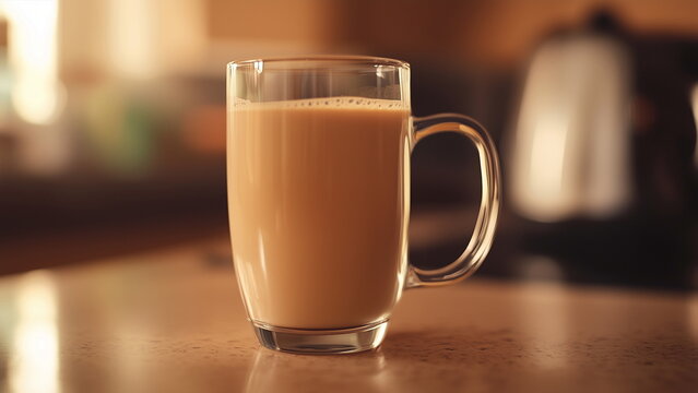 A glass of milo malt chocolate drink on the wooden table at home, hot beverage for breakfast to start the energetic day
