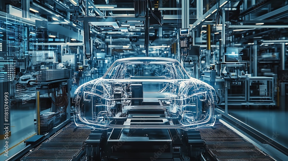 Aufkleber futuristic car manufacturing process in advanced automated assembly facility : generative ai