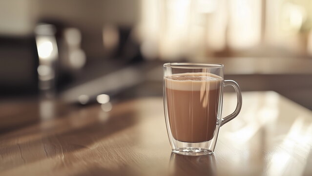 A glass of milo malt chocolate drink on the wooden table at home, hot beverage for breakfast to start the energetic day