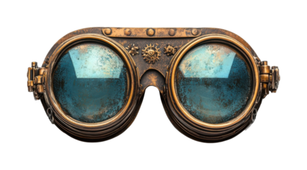 Vintage steampunk goggles with brass frame, blue glass lenses, retro industrial design accessory, antique Victorian-inspired eyewear, unique realistic 3D render isolated on transparent background