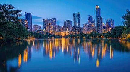 Naklejka premium A panoramic view of a vibrant city at dusk, the skyline glowing and reflecting in a tranquil lake