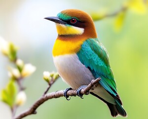 Fototapeta premium Colorful bird perched on a blooming branch.