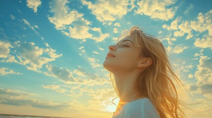 Obraz premium The beach under the blue sky and white clouds and the beautiful woman looking like she is enjoying her holiday