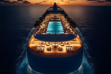 Fototapeta premium Magnificent modern cruise ship with elegant deck lighting at sunset on the open sea : Generative AI