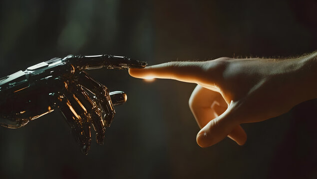 Futuristic Concept of Human and Artificial Intelligence Connection as a Robotic Hand Touches a Human Finger, Highlighting Innovation and Technology Themes
